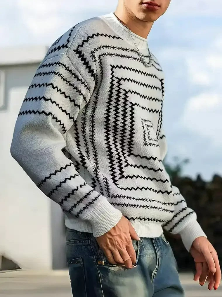 Men's Jagged Line Patterned Crewneck Sweater