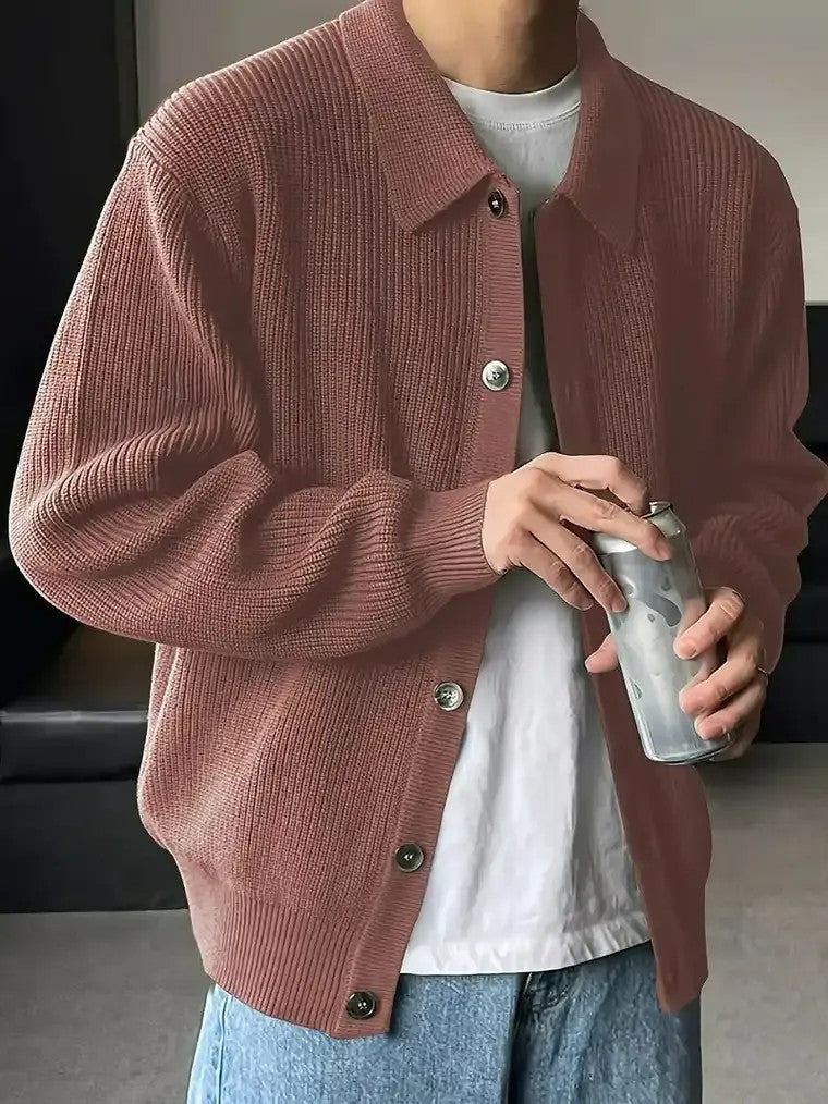 Men's Long Sleeve Collared Ribbed Cardigan
