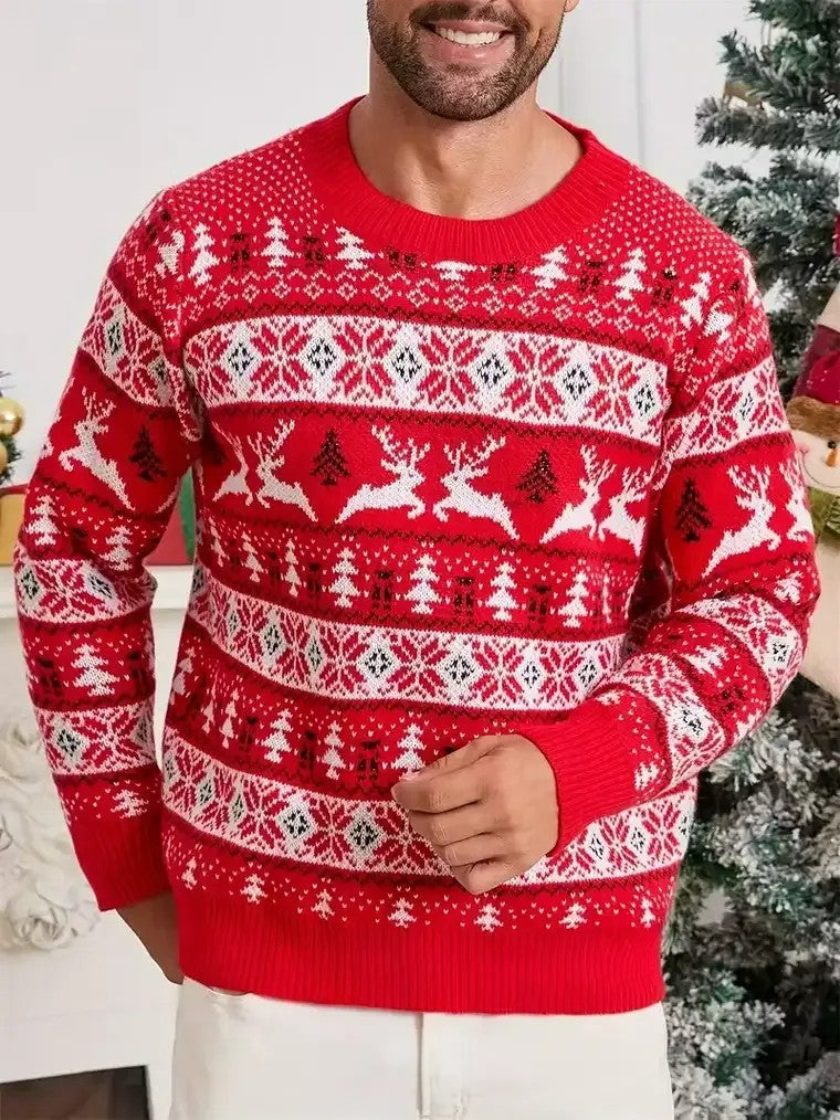 Men's Nordic Pattern Sweater with Ribbed Trim