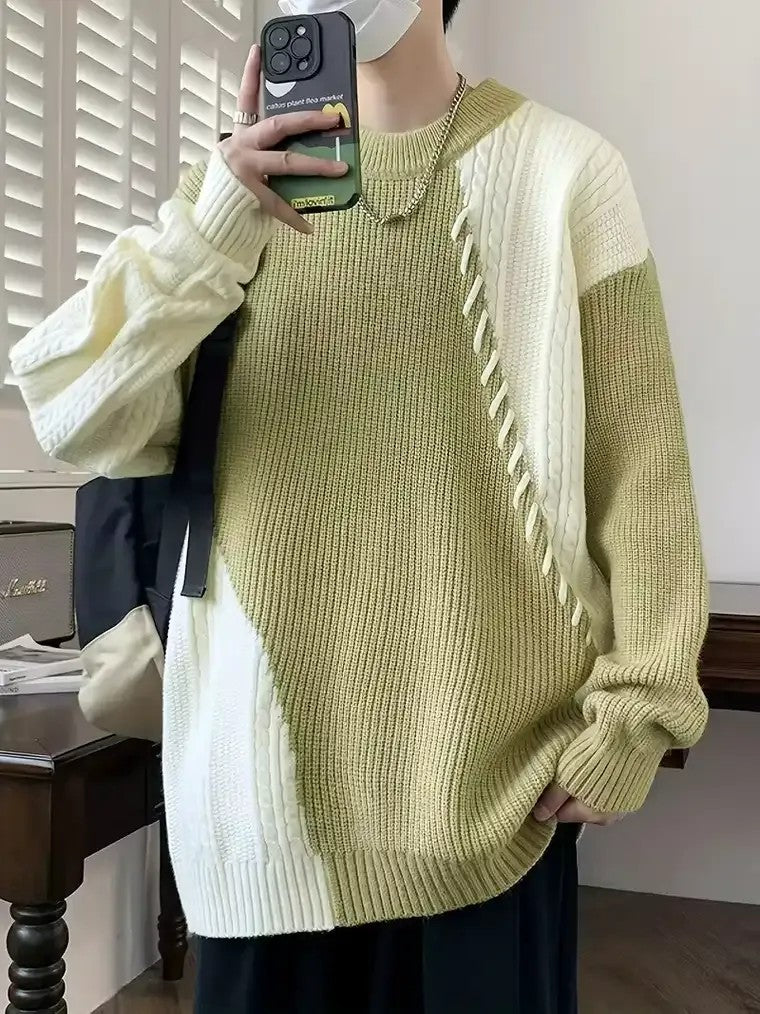 Men's Oversized Knit Sweater with Patchwork Design