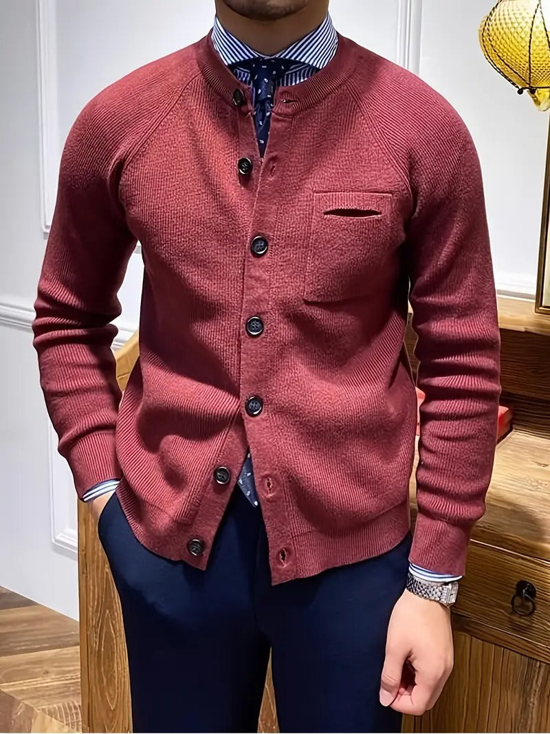 Men's Ribbed Crew Neck Long Sleeve Cardigan