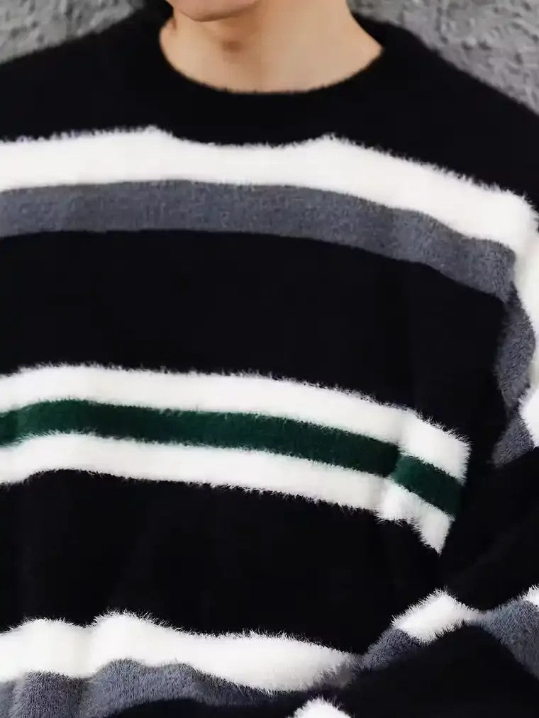 Men's Striped Crewneck Sweater with Drop Shoulders