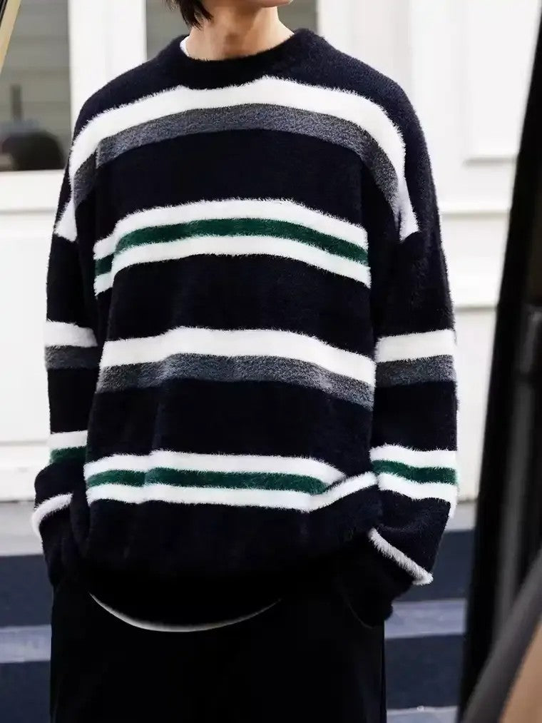 Men's Striped Crewneck Sweater with Drop Shoulders