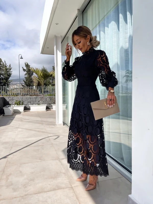 Women's Summer Lace Dress with Puff Sleeves and High Neck