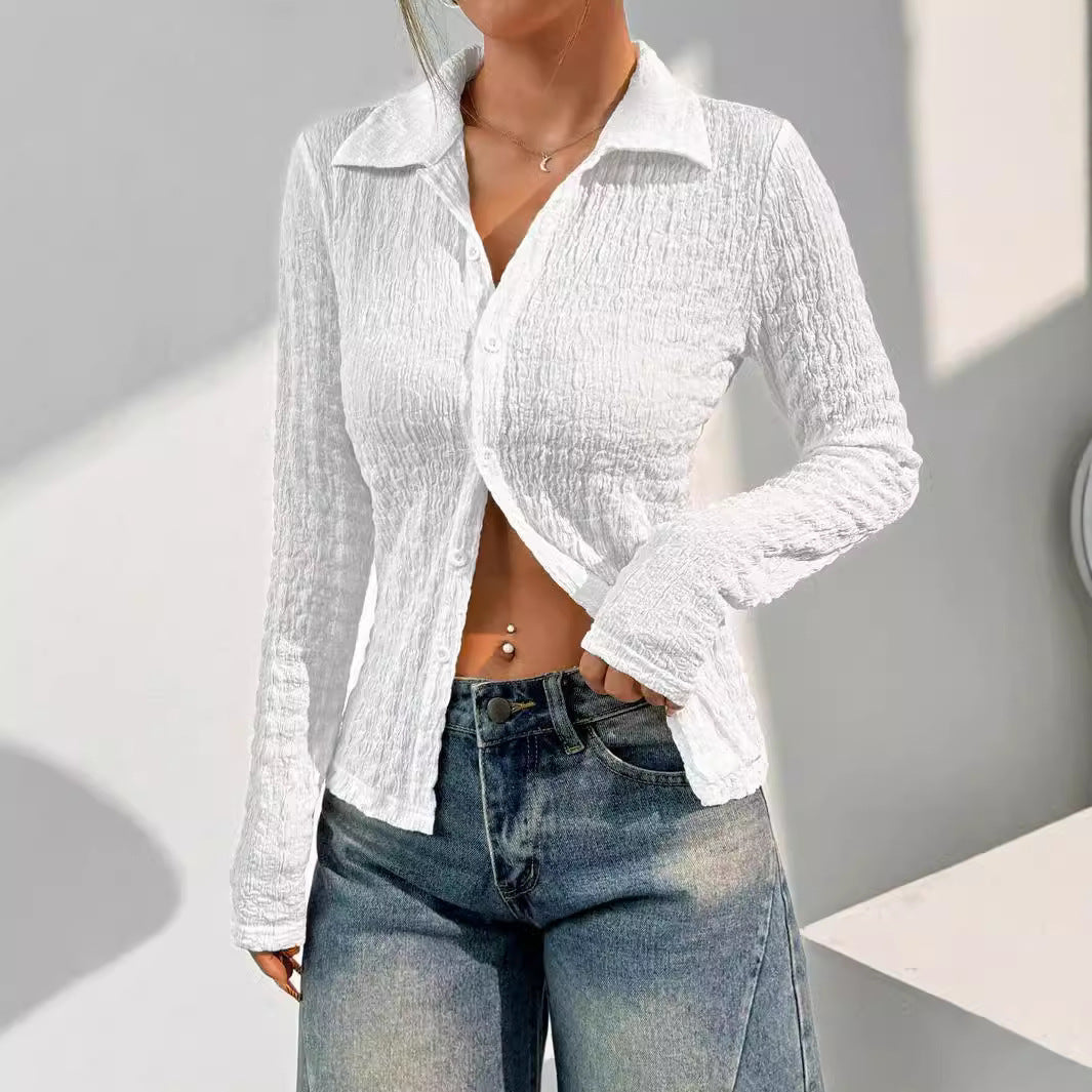 Women's Long Sleeve Shirt with Buttons and Textured Fabric