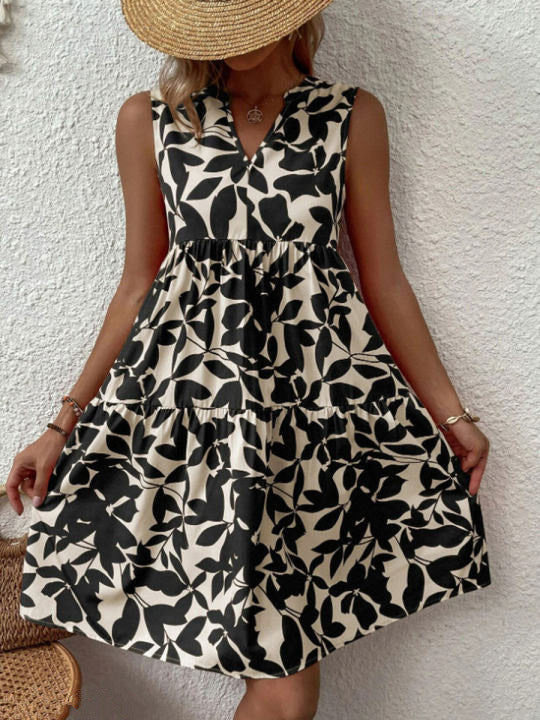 Women's Summer Leaf Print Mini Dress with V-neckline and Sleeveless