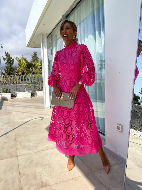 Women's Summer Lace Dress with Puff Sleeves and High Neck