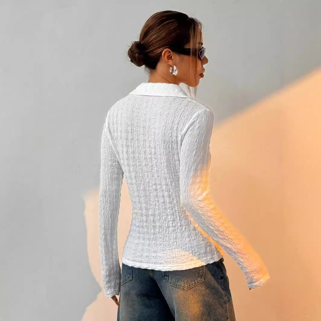 Women's Long Sleeve Shirt with Buttons and Textured Fabric