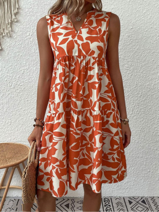 Women's Summer Leaf Print Mini Dress with V-neckline and Sleeveless