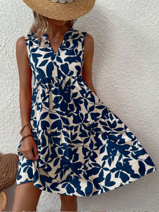 Women's Summer Leaf Print Mini Dress with V-neckline and Sleeveless