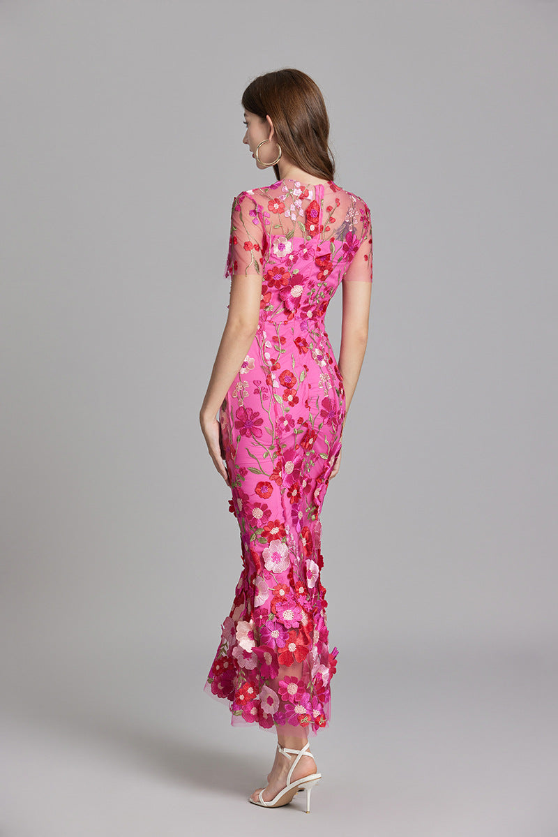 Women's Summer Short Sleeve Sheer Dress with Floral Embroidered