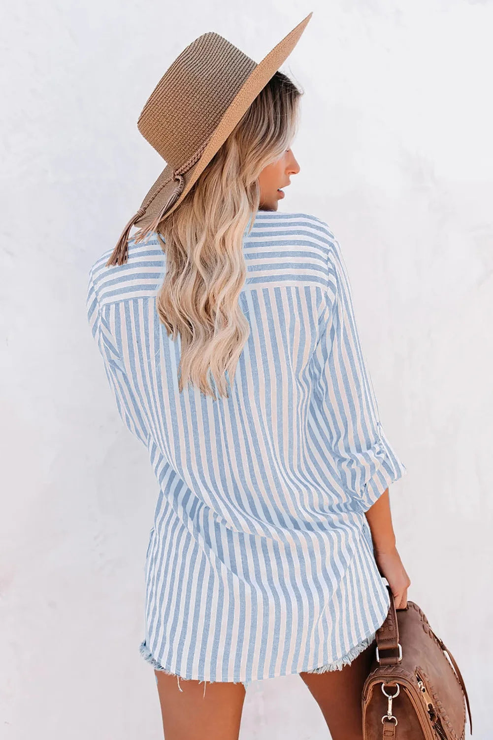Women's Summer Folded Sleeves Shirt with Striped and Buttons