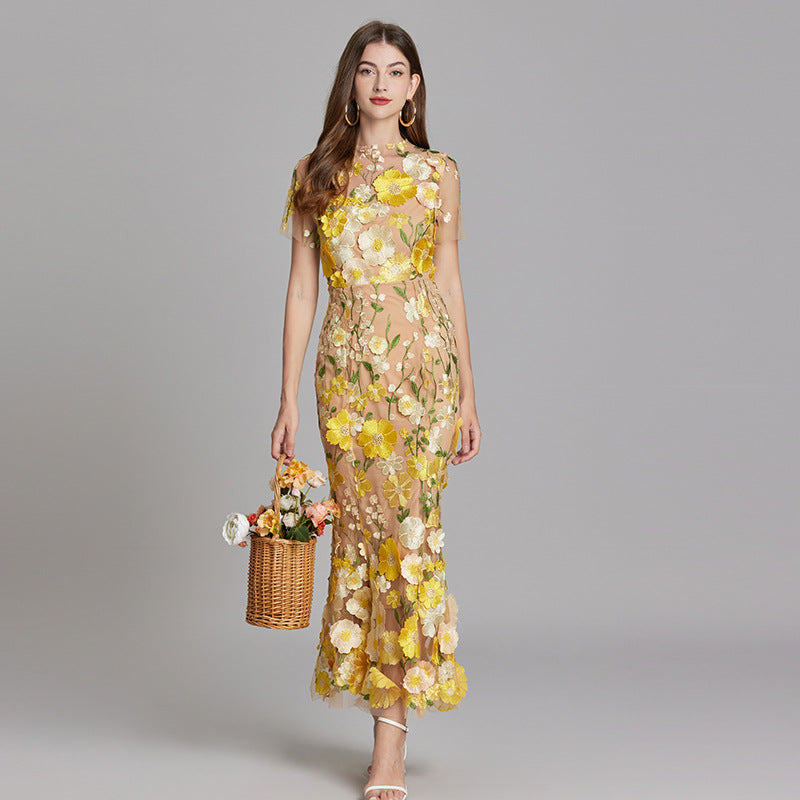 Women's Summer Short Sleeve Sheer Dress with Floral Embroidered