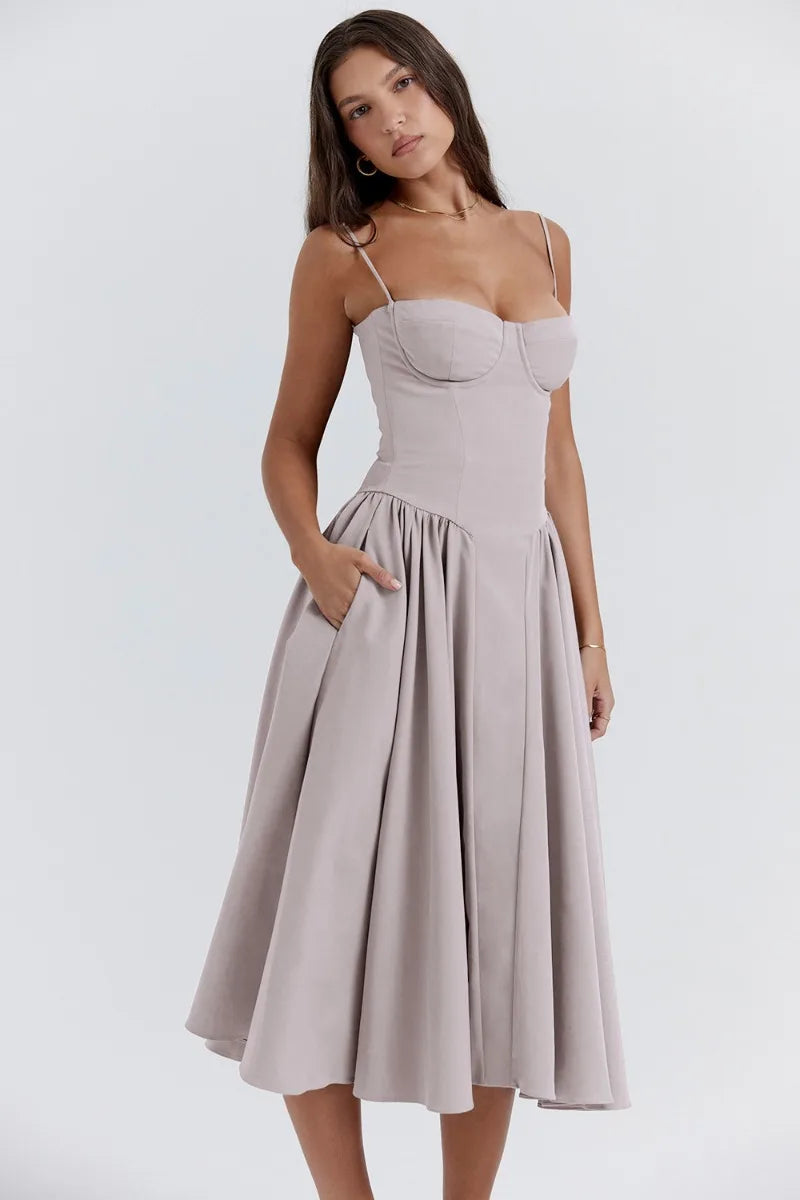 Women's Summer Midi Dress with Gathered Full Skirt and Sleeveless