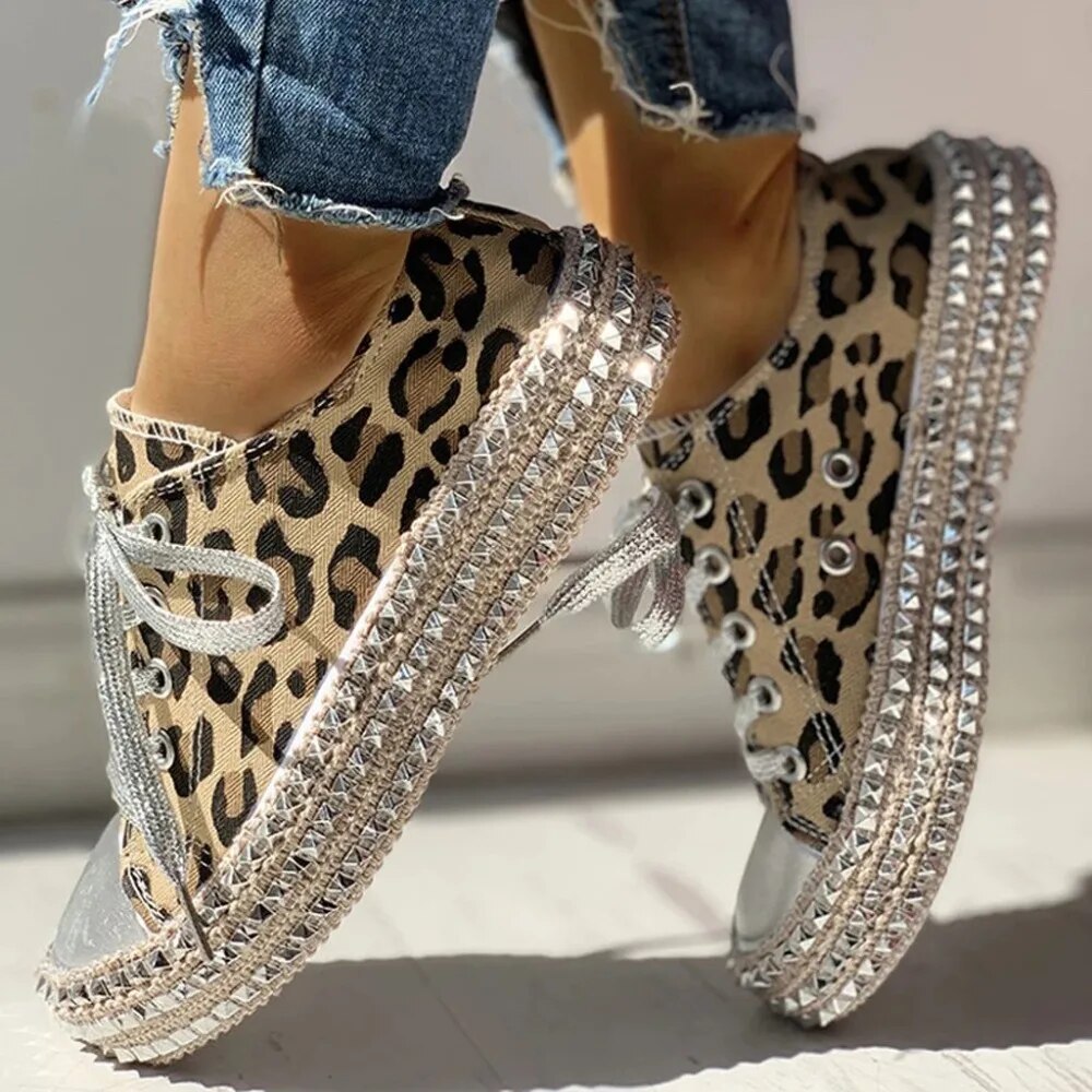 Women's Leopard Print Platform Sneakers with Studded Sole