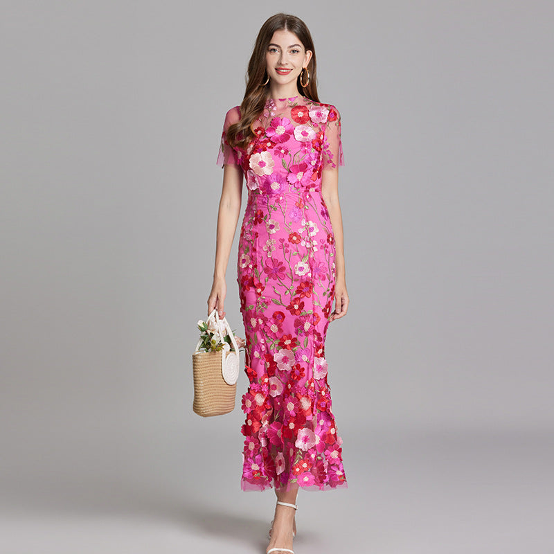 Women's Summer Short Sleeve Sheer Dress with Floral Embroidered