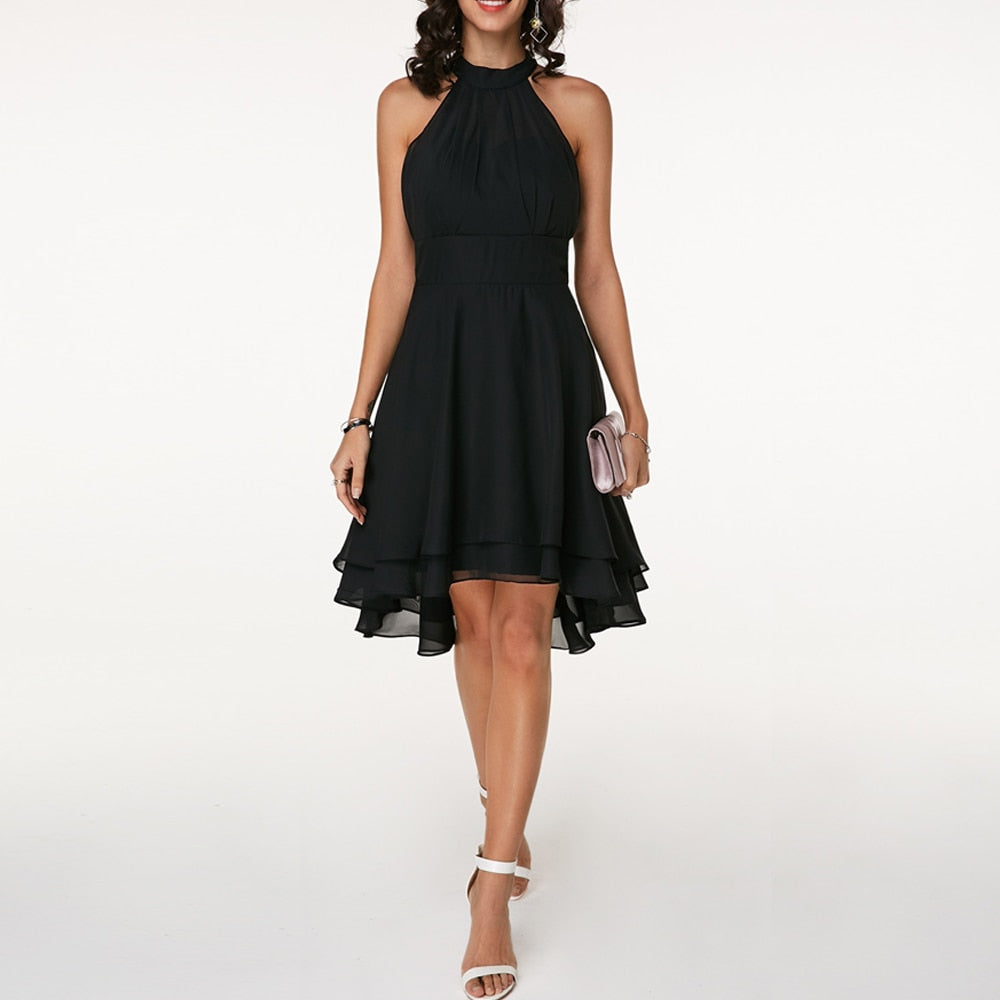 Women's Summer Halter Neck Mini Dress with Layered Sheer Design