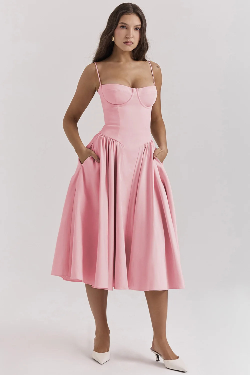 Women's Summer Midi Dress with Gathered Full Skirt and Sleeveless