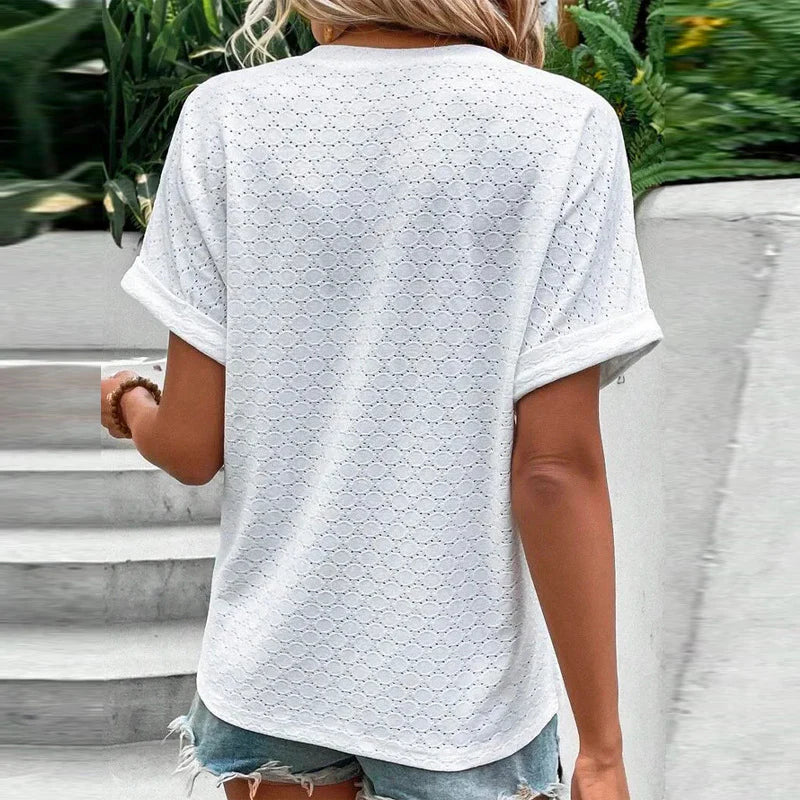 Women's Summer Textured Blouse with V-neck and Two-Buttons