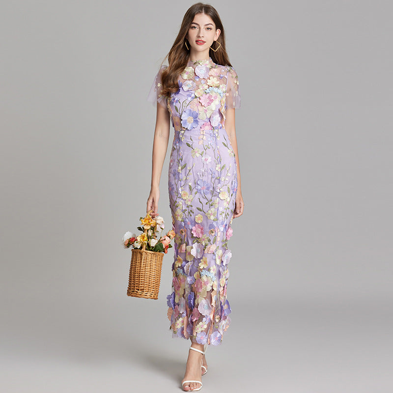 Women's Summer Short Sleeve Sheer Dress with Floral Embroidered