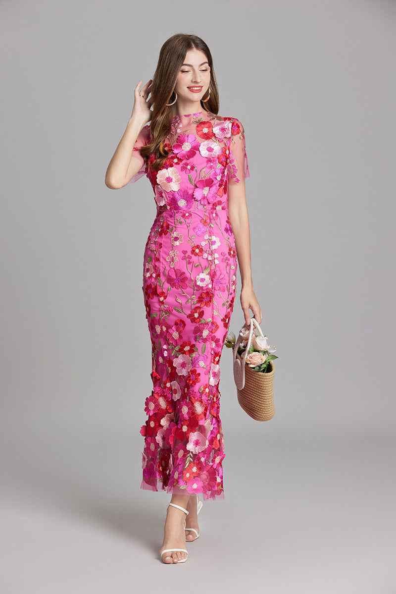 Women's Summer Short Sleeve Sheer Dress with Floral Embroidered