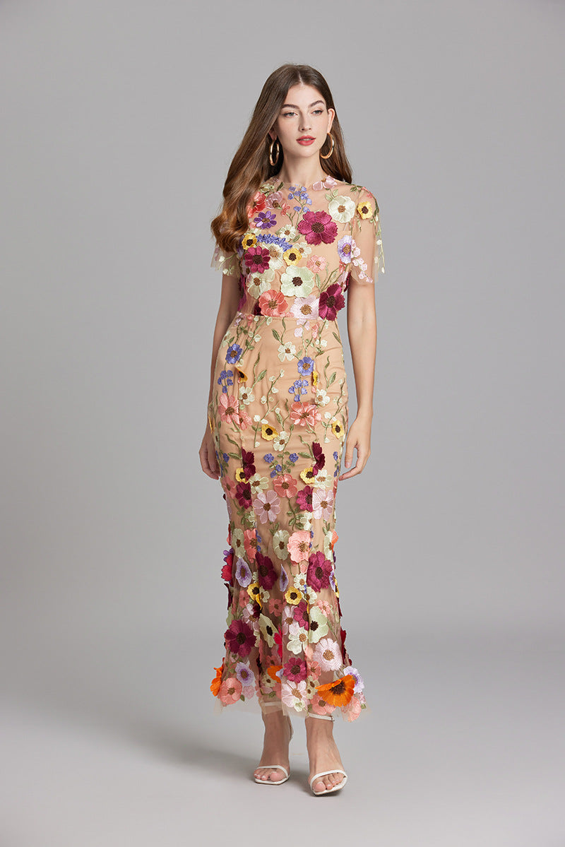 Women's Summer Short Sleeve Sheer Dress with Floral Embroidered