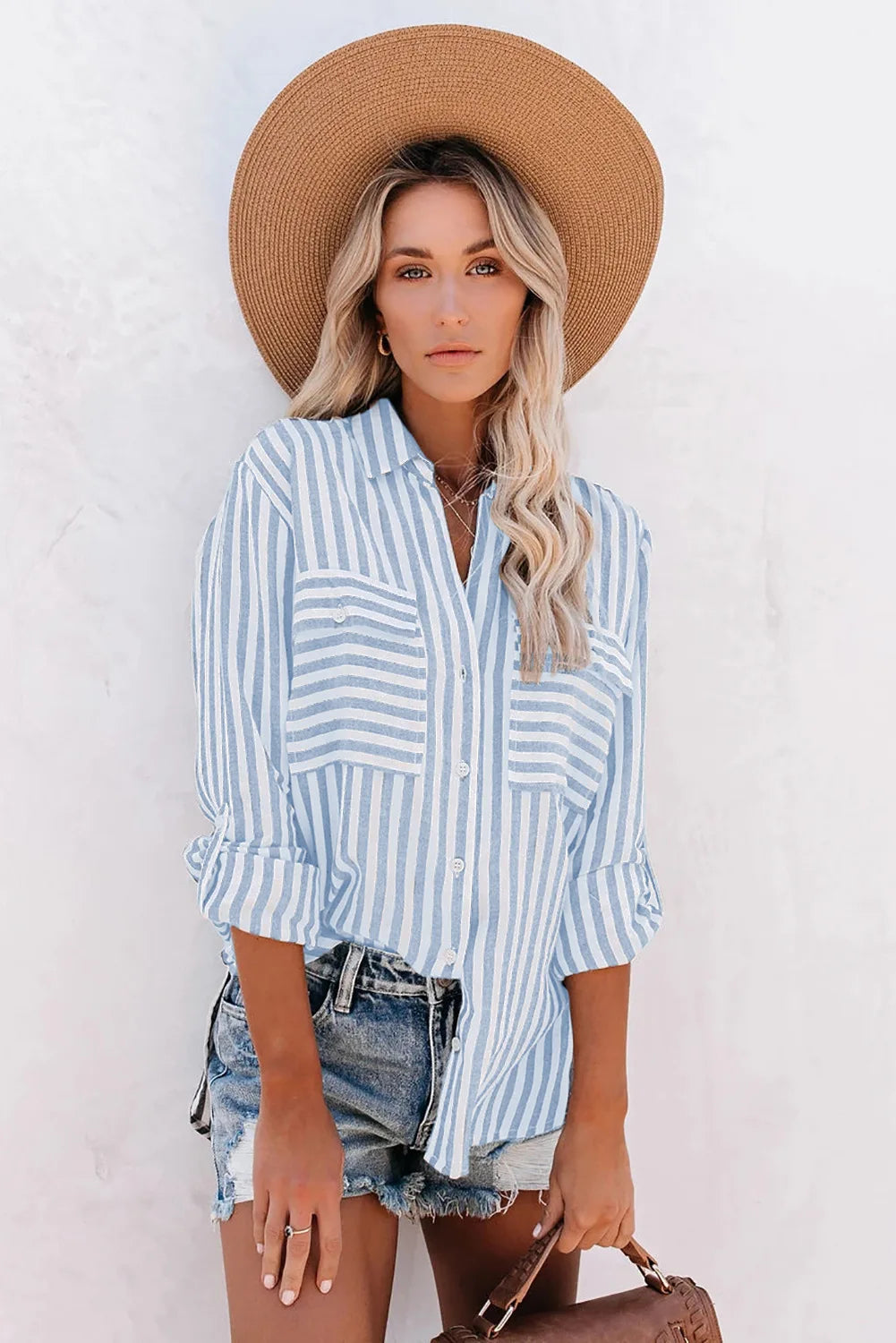 Women's Summer Folded Sleeves Shirt with Striped and Buttons