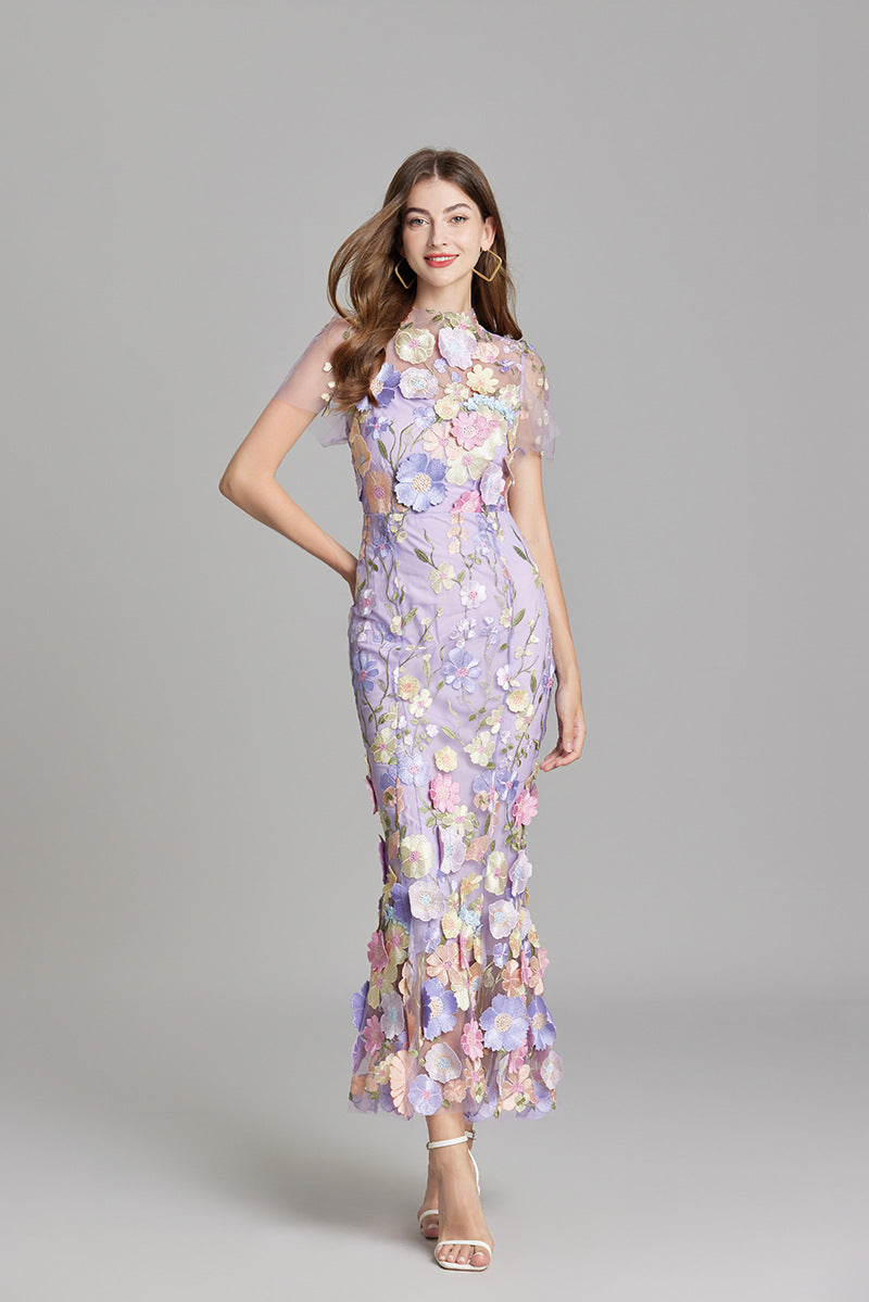 Women's Summer Short Sleeve Sheer Dress with Floral Embroidered
