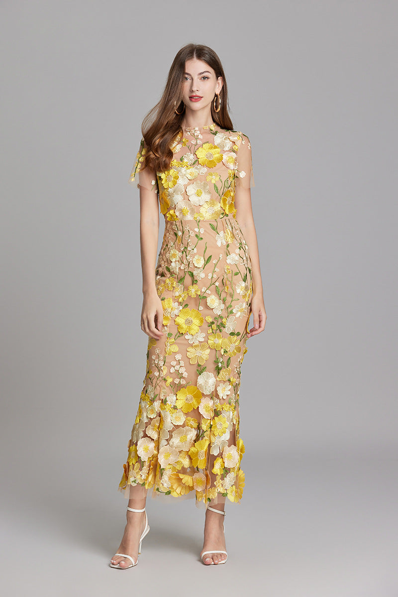 Women's Summer Short Sleeve Sheer Dress with Floral Embroidered