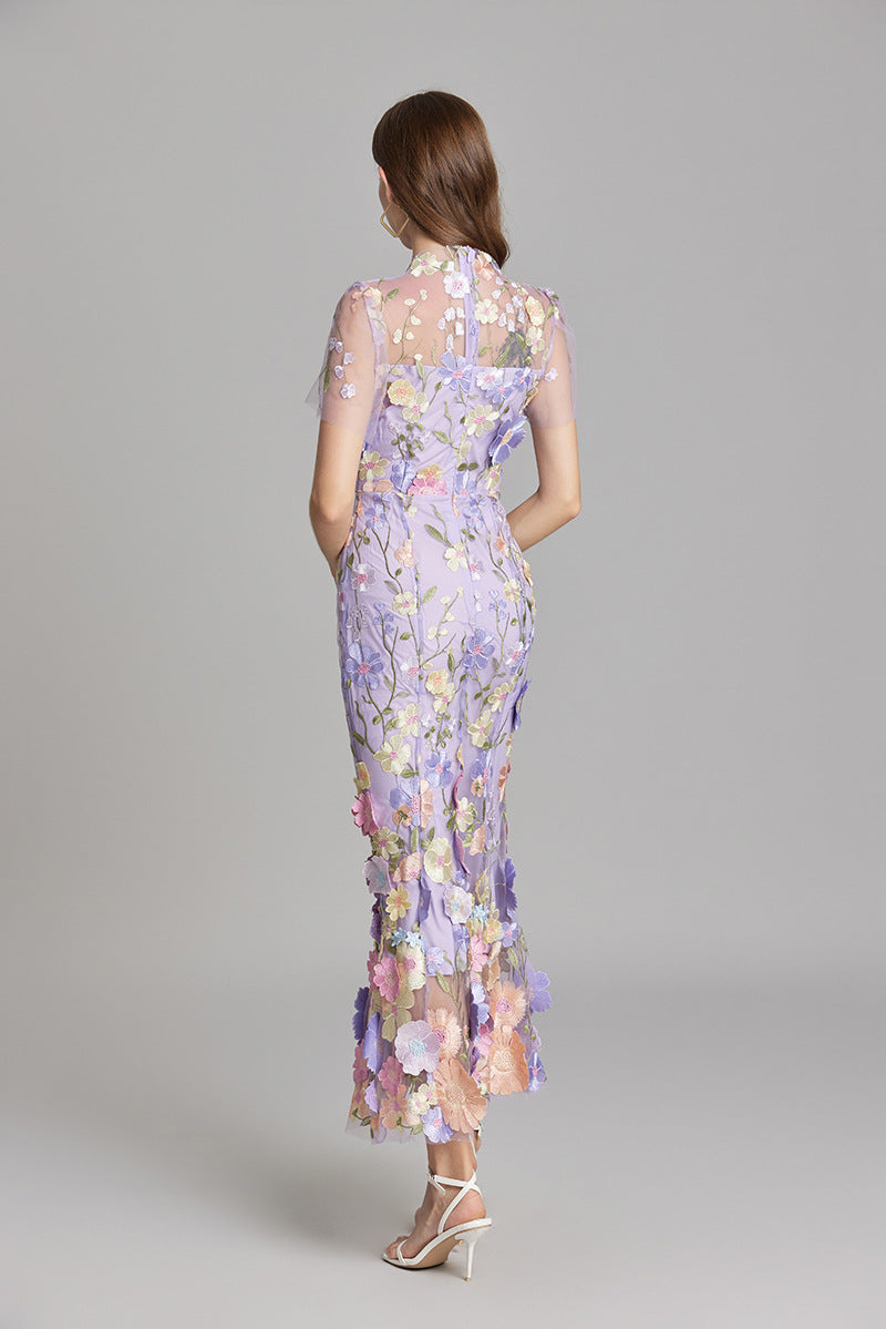 Women's Summer Short Sleeve Sheer Dress with Floral Embroidered