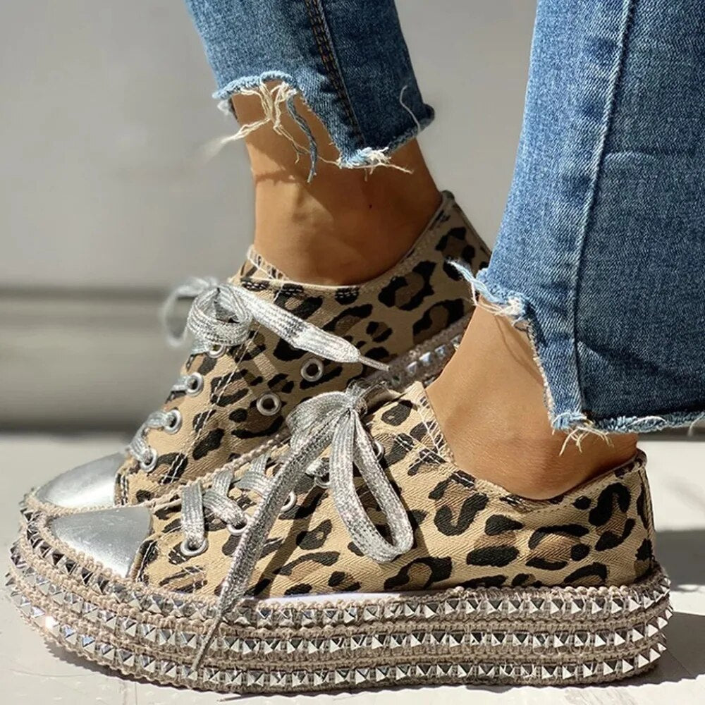 Women's Leopard Print Platform Sneakers with Studded Sole