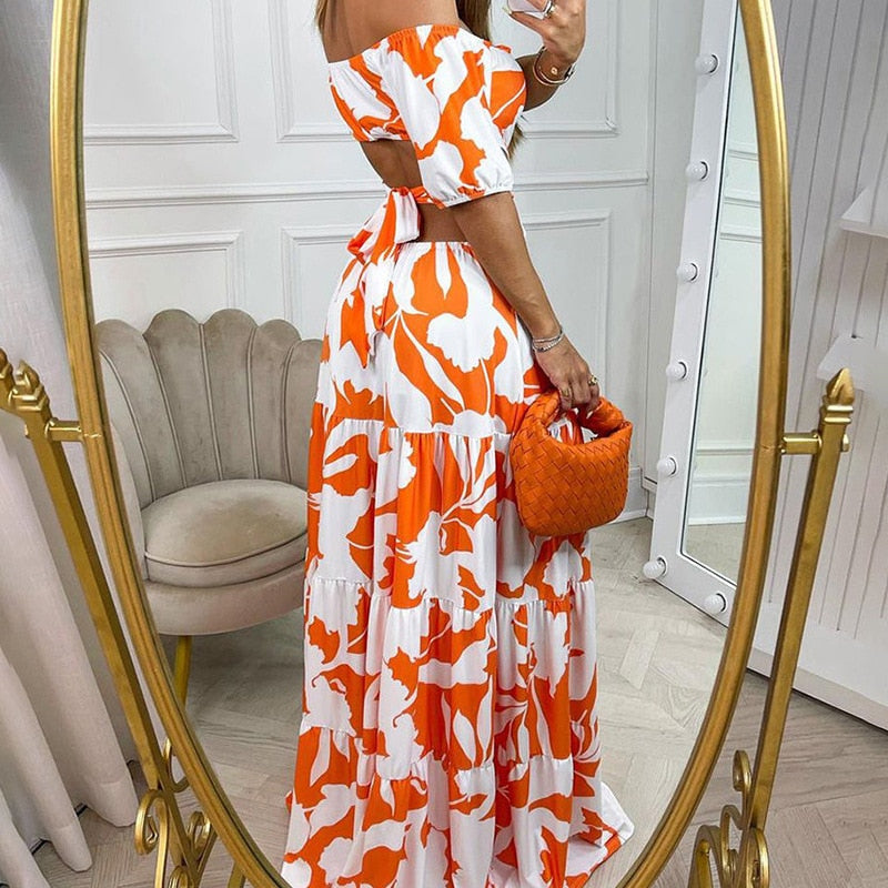 Women's Summer Floral Maxi Dress with Cutout and Tiered Skirt