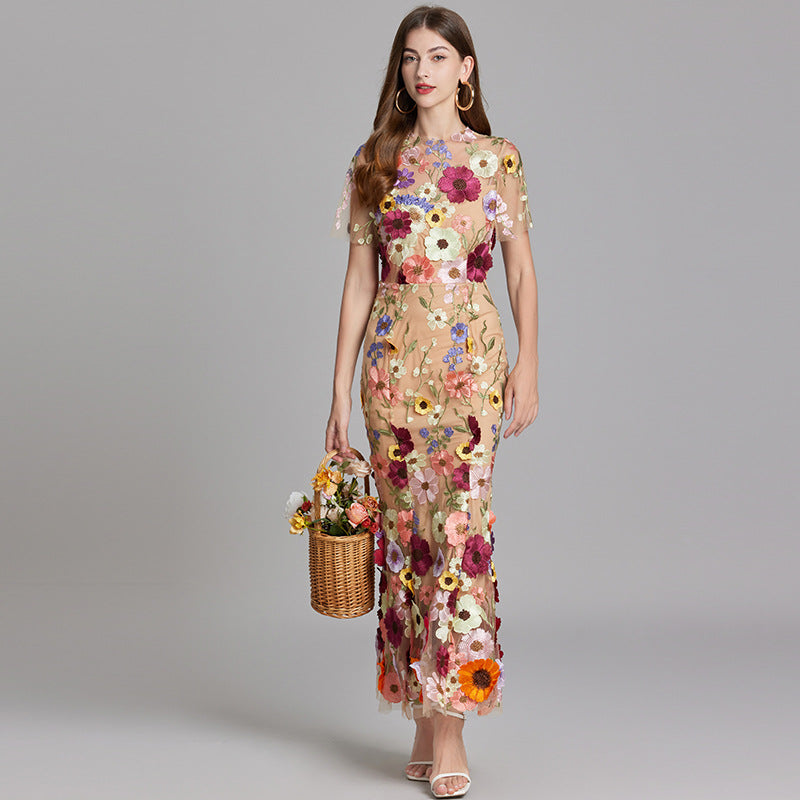 Women's Summer Short Sleeve Sheer Dress with Floral Embroidered