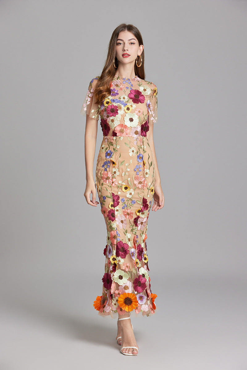 Women's Summer Short Sleeve Sheer Dress with Floral Embroidered
