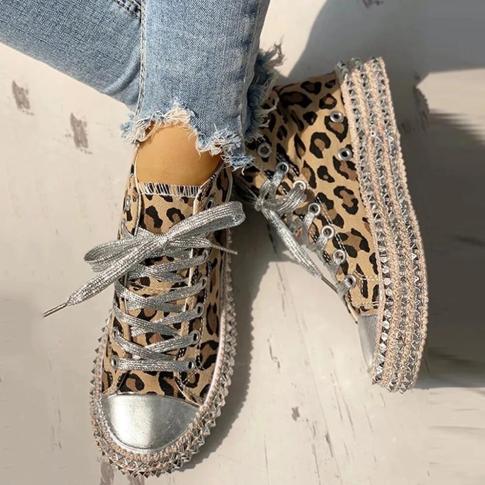 Women's Leopard Print Platform Sneakers with Studded Sole