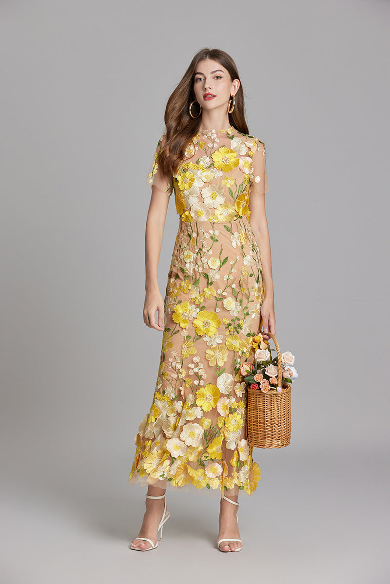 Women's Summer Short Sleeve Sheer Dress with Floral Embroidered