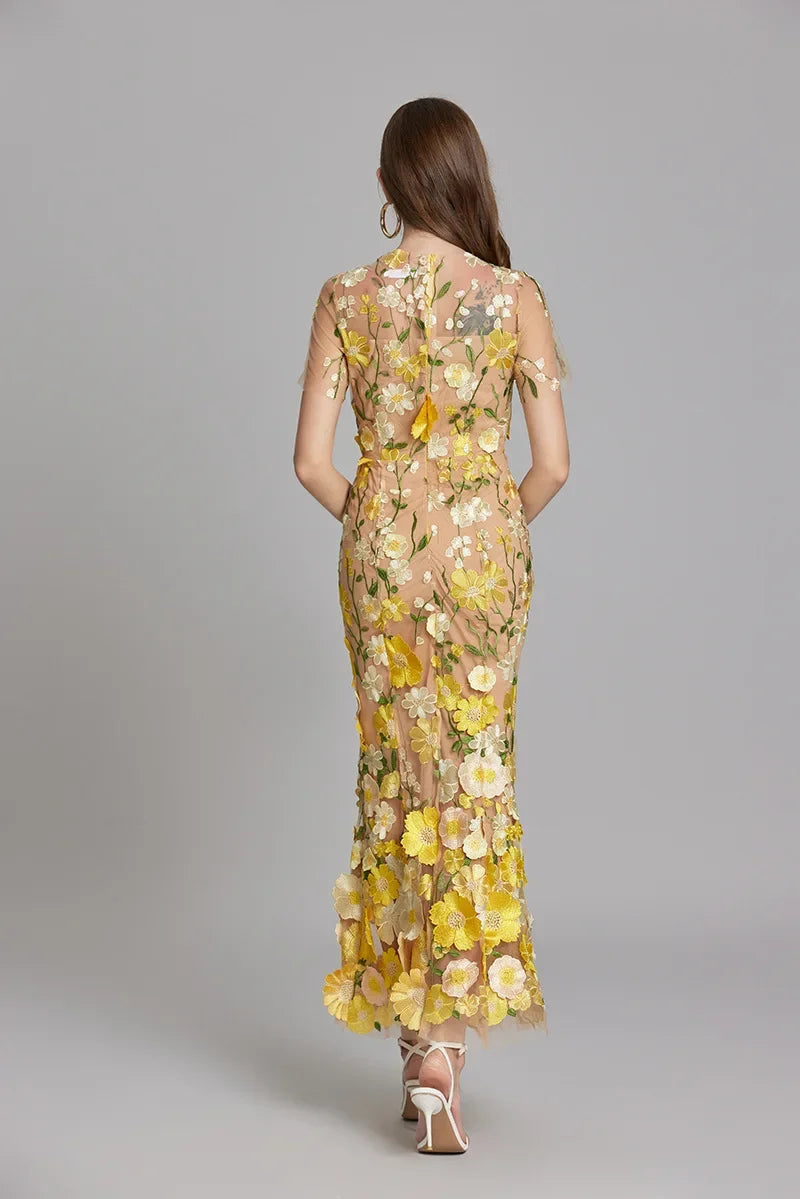 Women's Summer Short Sleeve Sheer Dress with Floral Embroidered