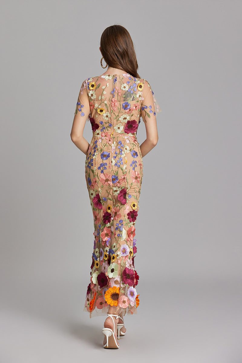 Women's Summer Short Sleeve Sheer Dress with Floral Embroidered
