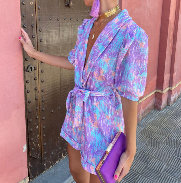 Women's Summer Printed Puff Sleeves Jumpsuit Short with Belt and V-neck