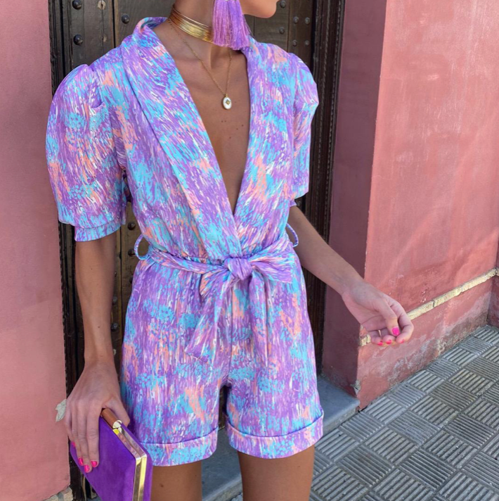 Women's Summer Printed Puff Sleeves Jumpsuit Short with Belt and V-neck
