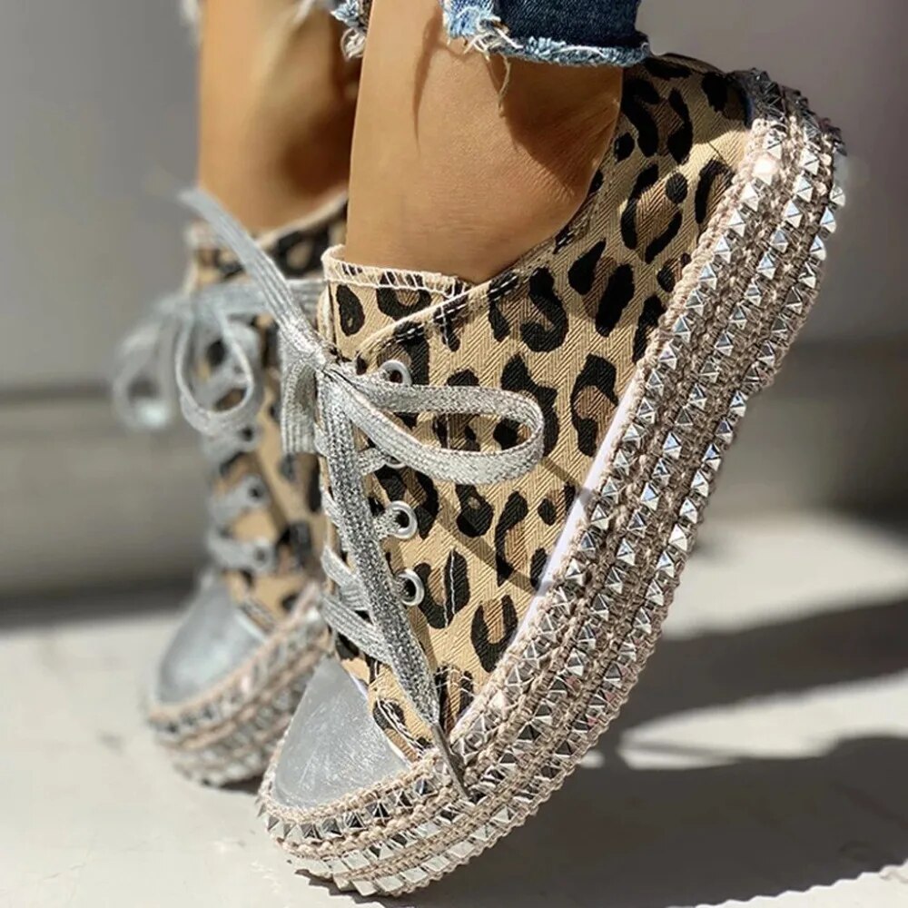 Women's Leopard Print Platform Sneakers with Studded Sole