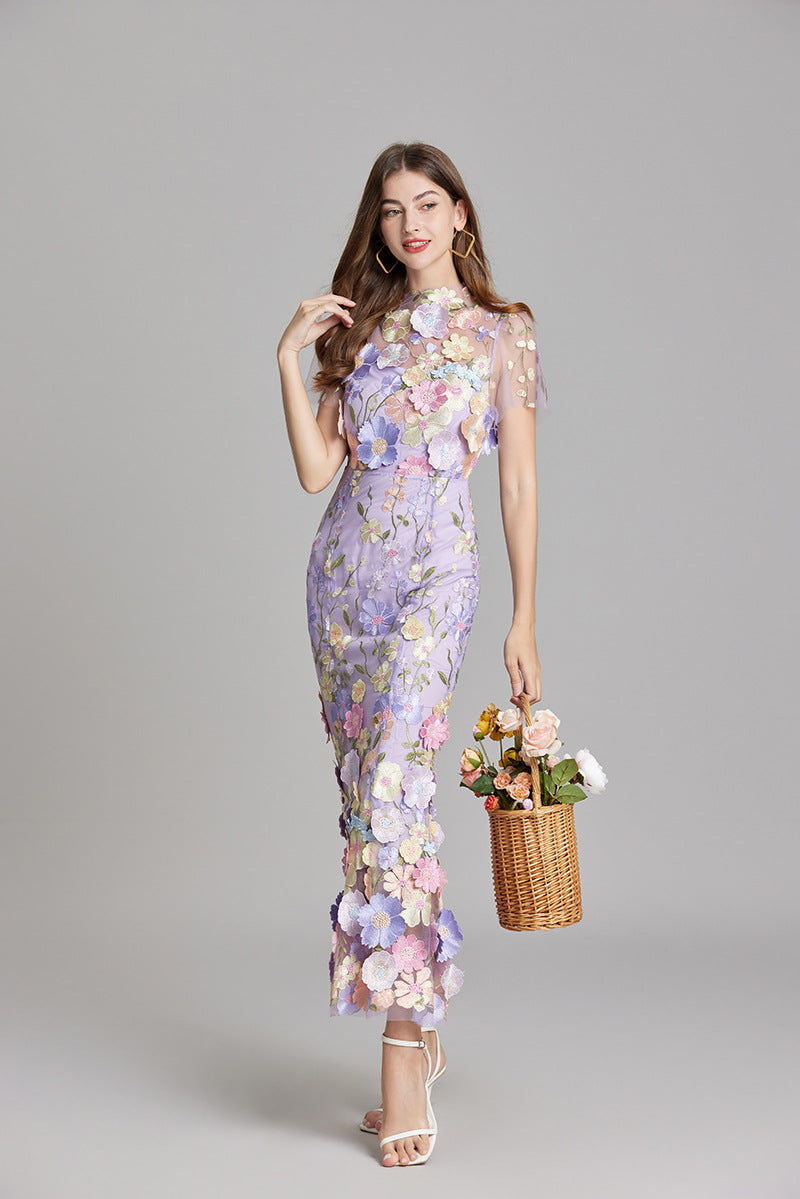 Women's Summer Short Sleeve Sheer Dress with Floral Embroidered