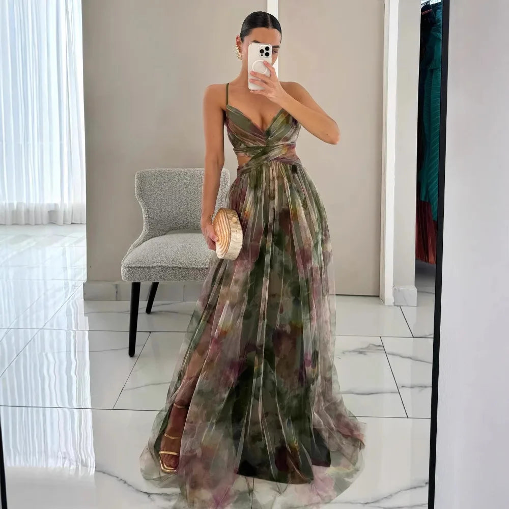 Women's Summer Floral Formal Dress with Sleeveless and Cut-out Style