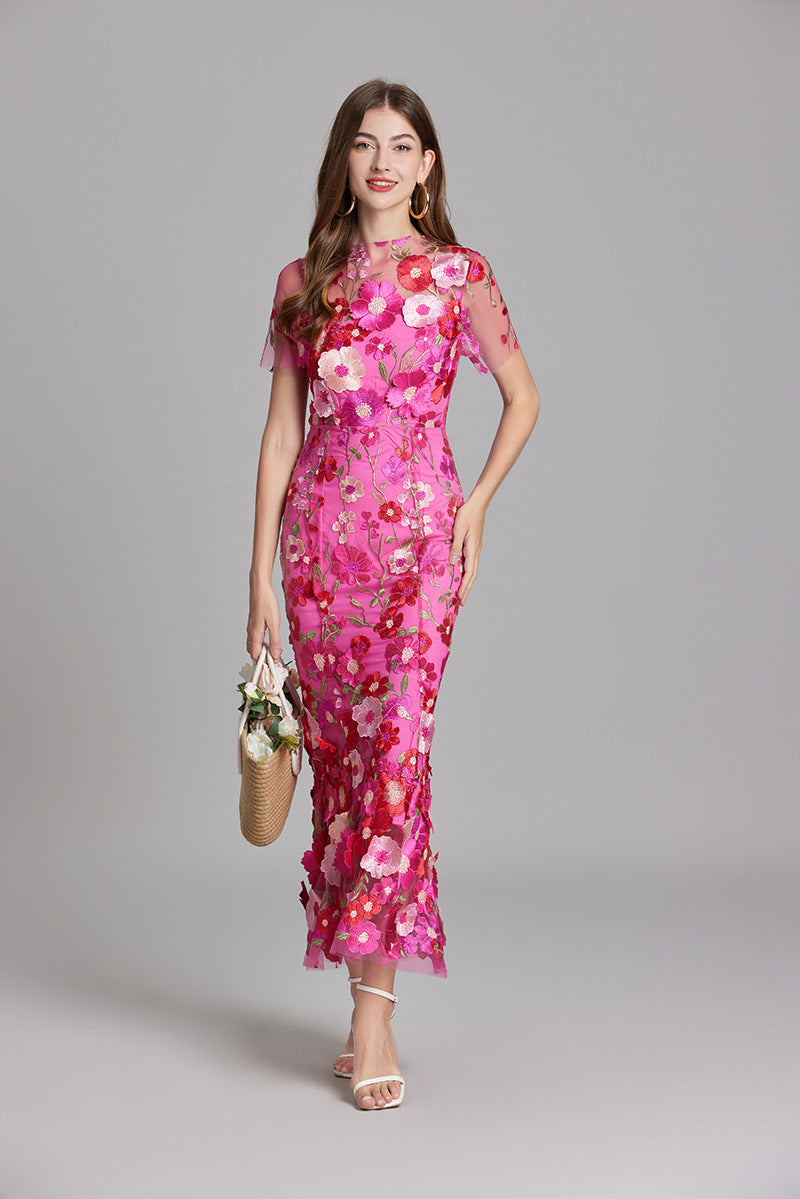 Women's Summer Short Sleeve Sheer Dress with Floral Embroidered