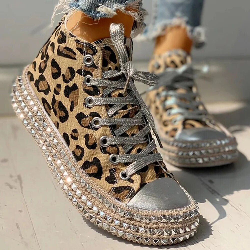 Women's Leopard Print Platform Sneakers with Studded Sole