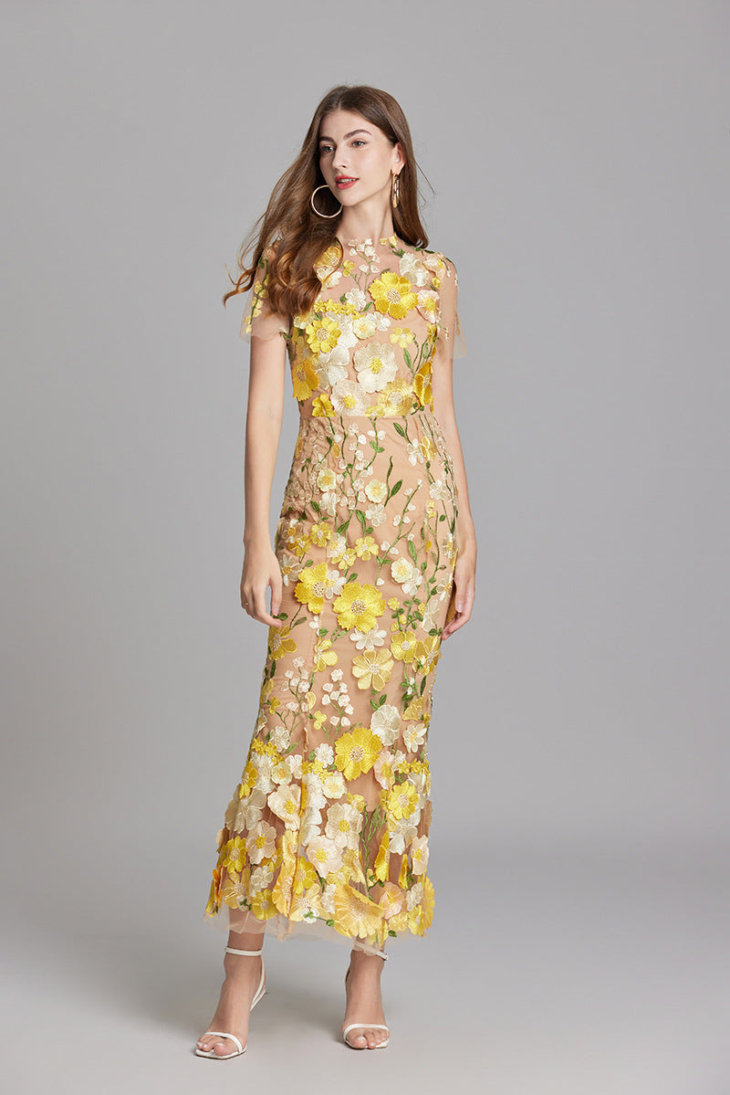 Women's Summer Short Sleeve Sheer Dress with Floral Embroidered