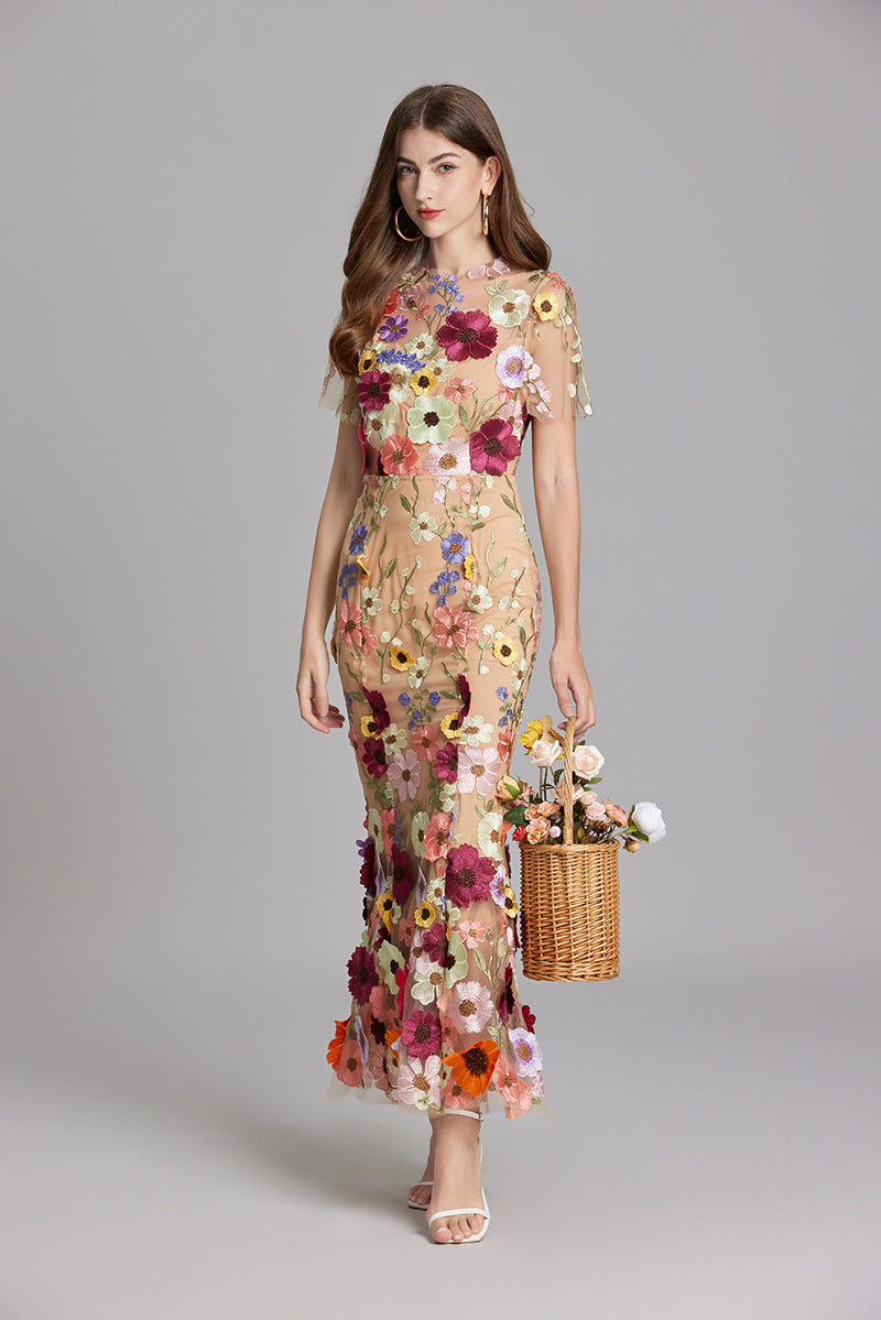 Women's Summer Short Sleeve Sheer Dress with Floral Embroidered