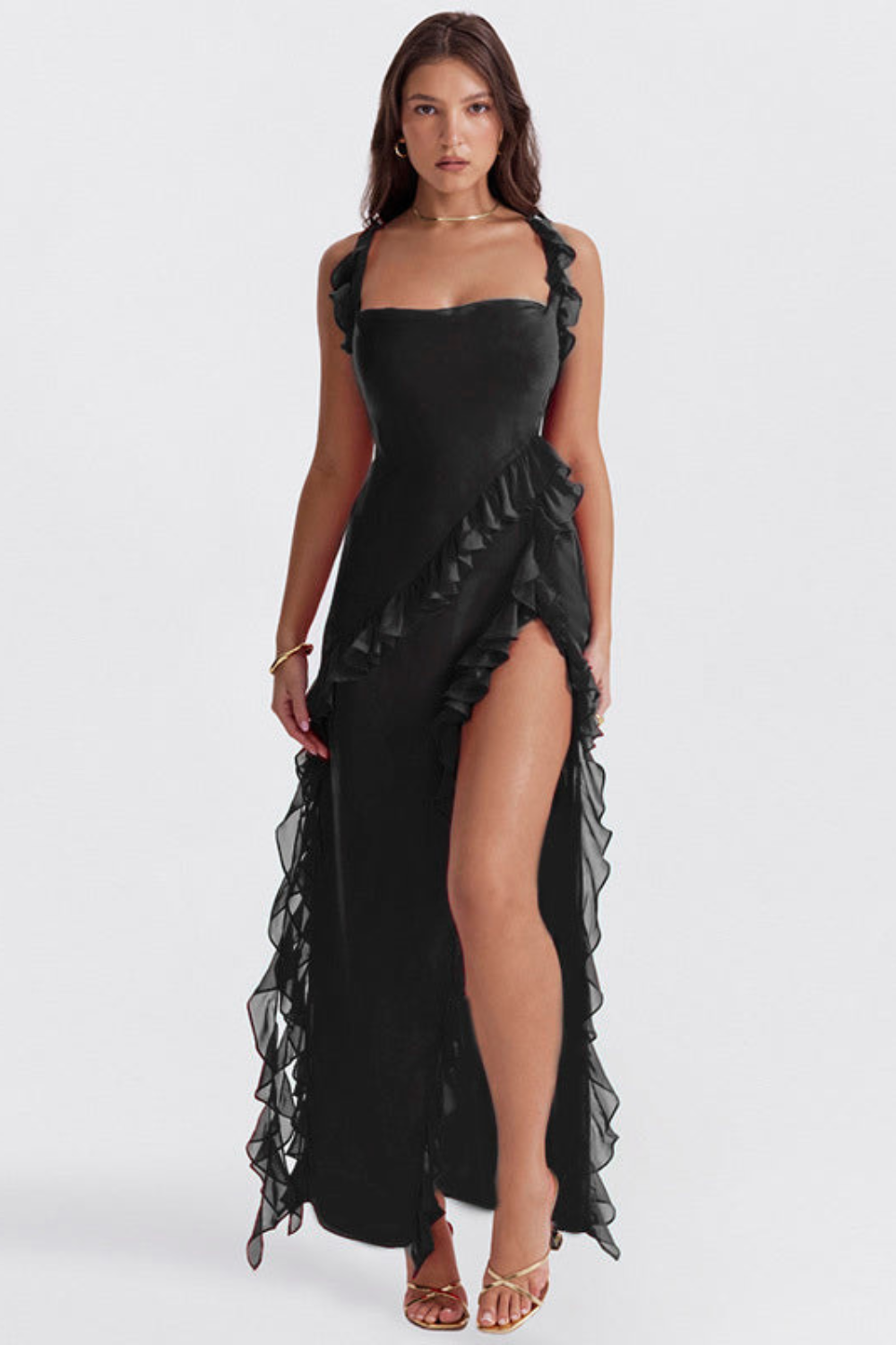 Women's Summer Slit Dress with Sleeveless and Asymmetric Ruffles