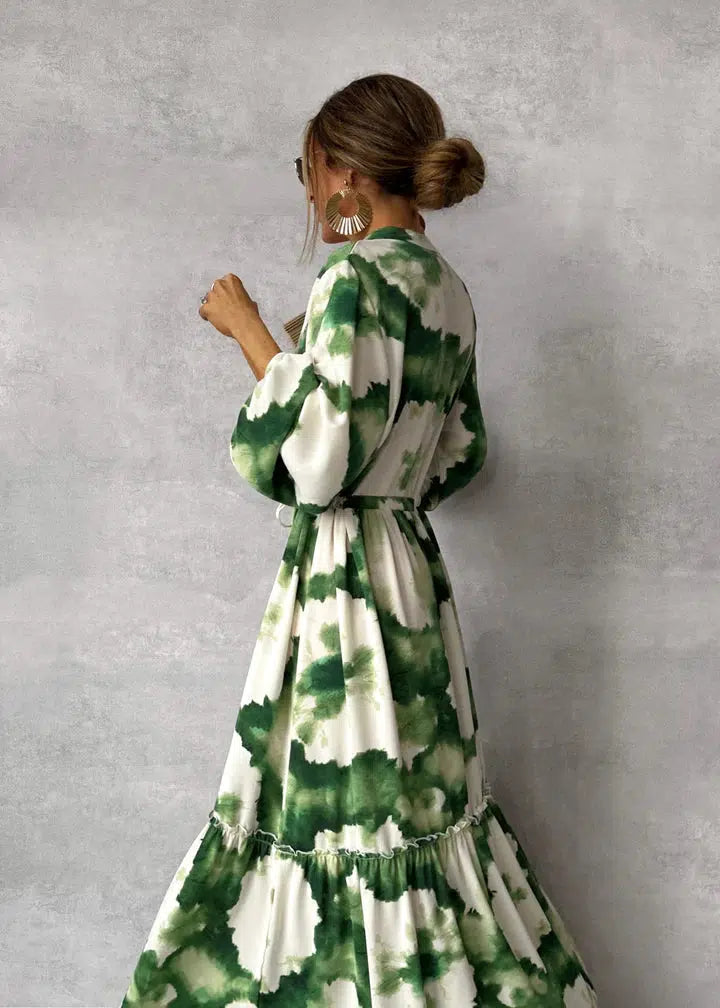 Women's Summer Floral Flowy Dress with V-neck and Long Sleeves