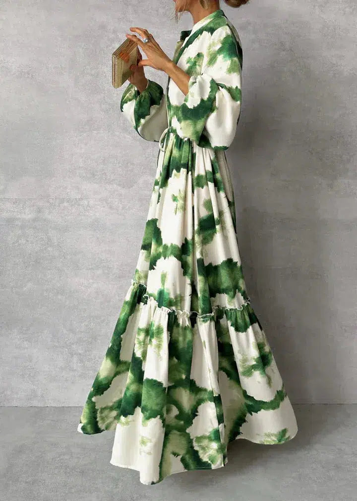Women's Summer Floral Flowy Dress with V-neck and Long Sleeves